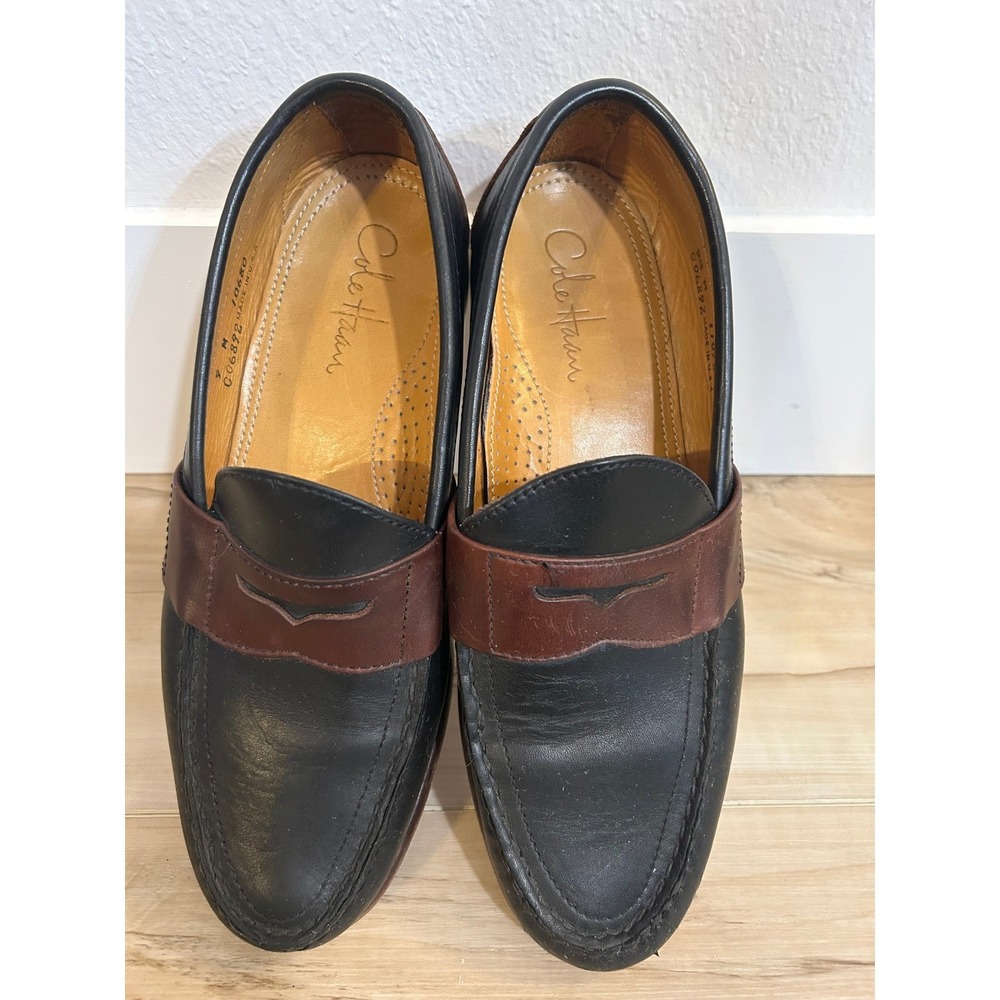 Cole Haan Mens Black‎ Brown Leather Penny Loafer Shoes 9.5 Slip-Ons Minimalist